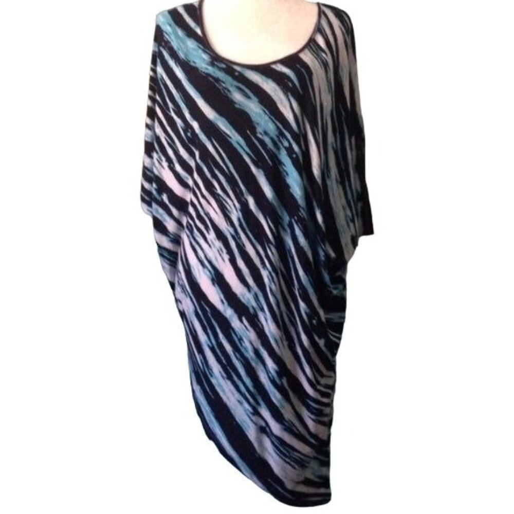 NYC Animal Print Asymmetrical Tunic Shirt Dress L Blue Round Neck Ruched Side